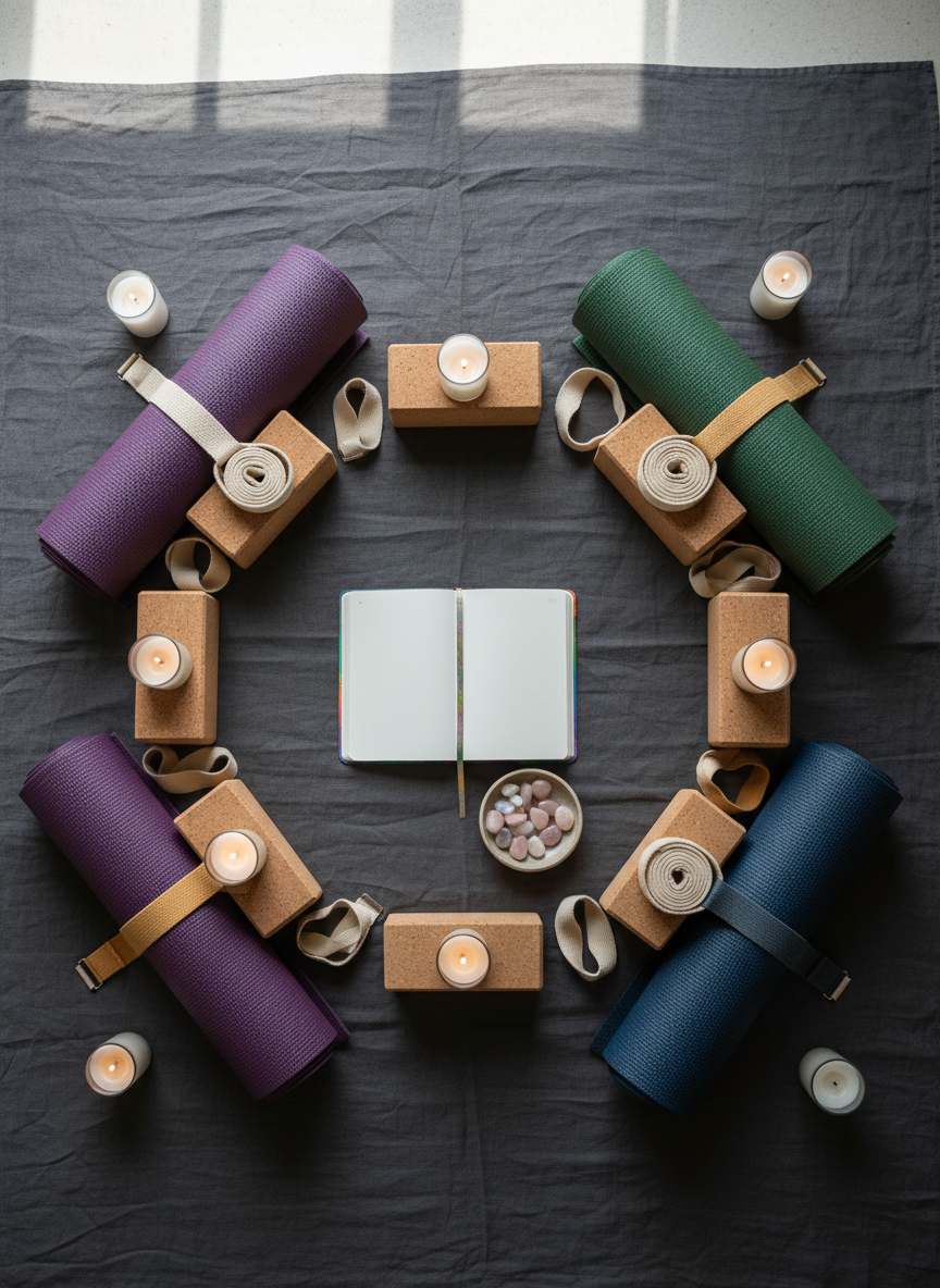 An overhead photographic view of a circular arrangement of yoga props on a charcoal linen cloth: richly colored mats in plum, moss, and midnight blue form a ring, intersected by cork blocks, organic cotton straps, and hand-poured soy candles in frosted glass. In the center, an open cloth-bound journal with a subtle rainbow-foil spine rests beside a small ceramic dish filled with polished stones in pink, opal, and iridescent hues. Soft diffused daylight from an unseen skylight illuminates the scene evenly, reducing harsh shadows and emphasizing textures. The composition feels ritualistic and intentional, evoking queer community, reflection, and collective becoming through a clean, modern photographic style.