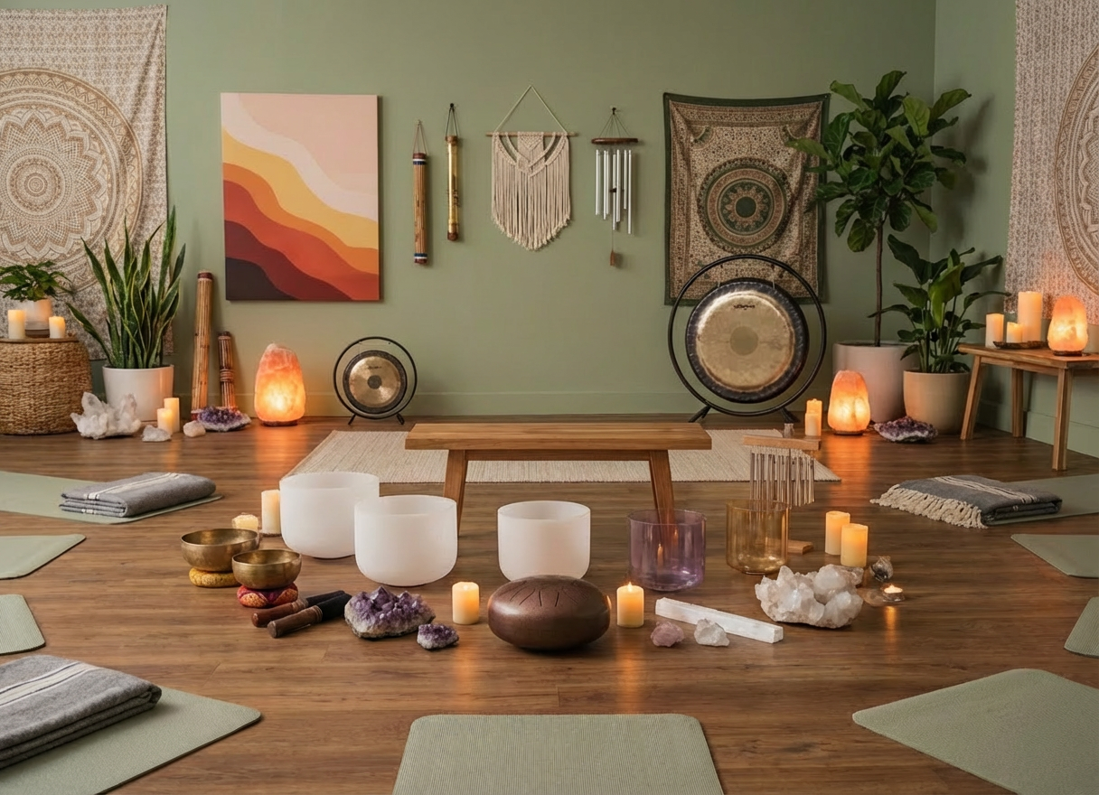 Serene sanctuary for mindfulness and sound therapy Sound healing room with singing bowls, gongs, meditation bolsters, and yoga mats.